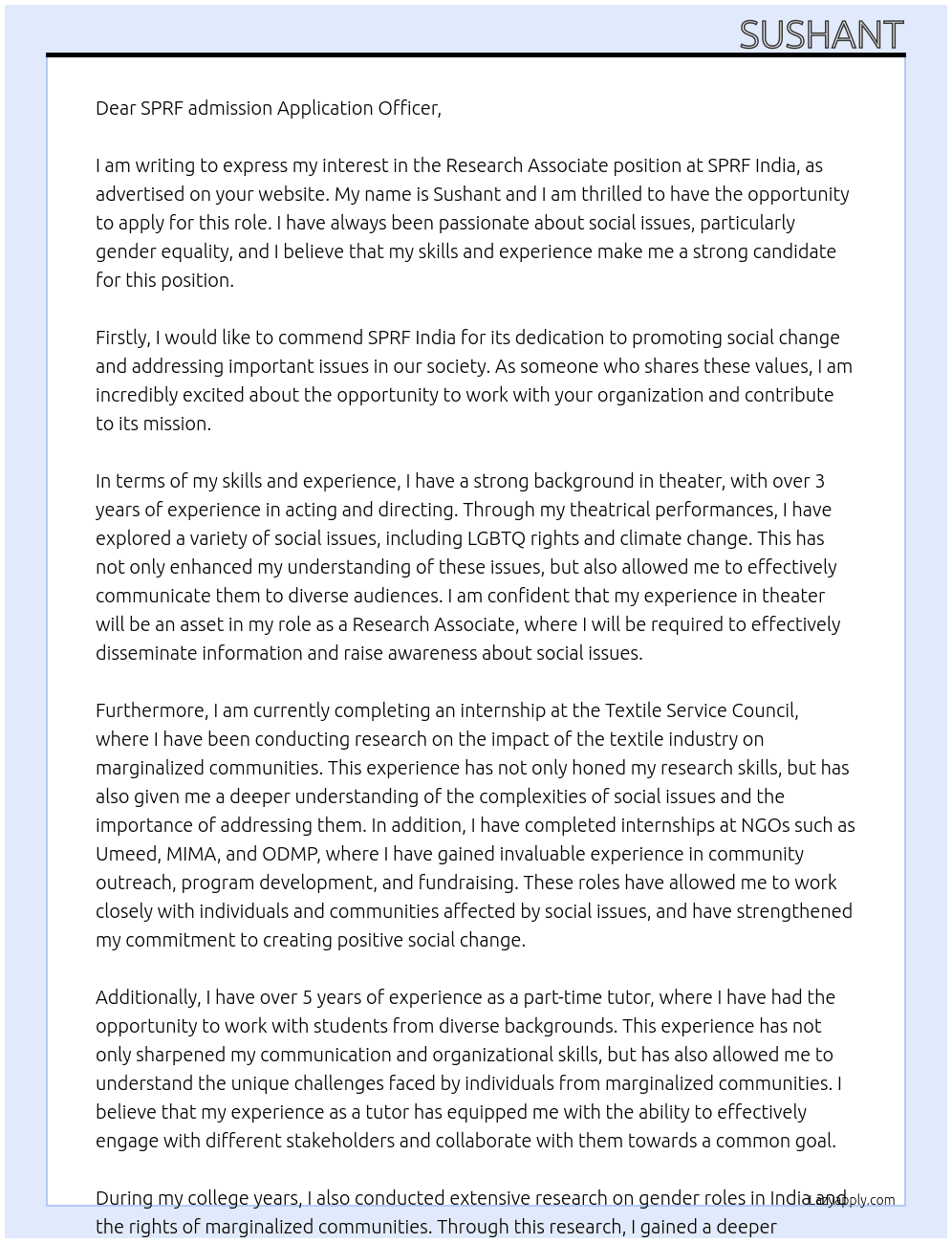 Research Associate in Social issues mostly in Gender Equality.  At SPRF India  Cover Letter