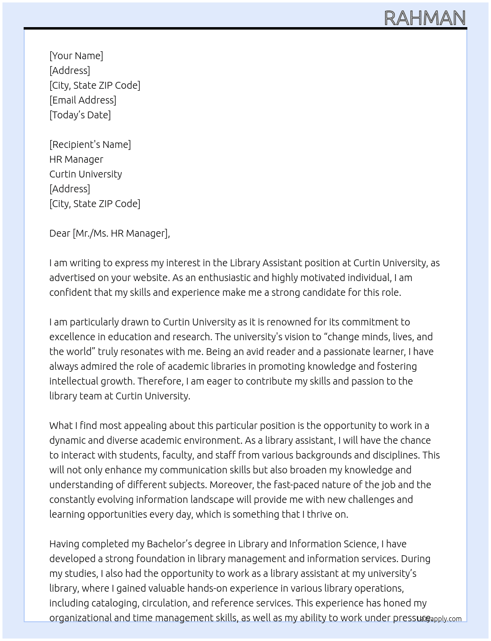 library assistant At curtin university Cover Letter