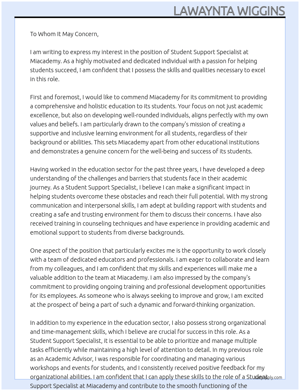 Student support specialist  At Miacademy Cover Letter