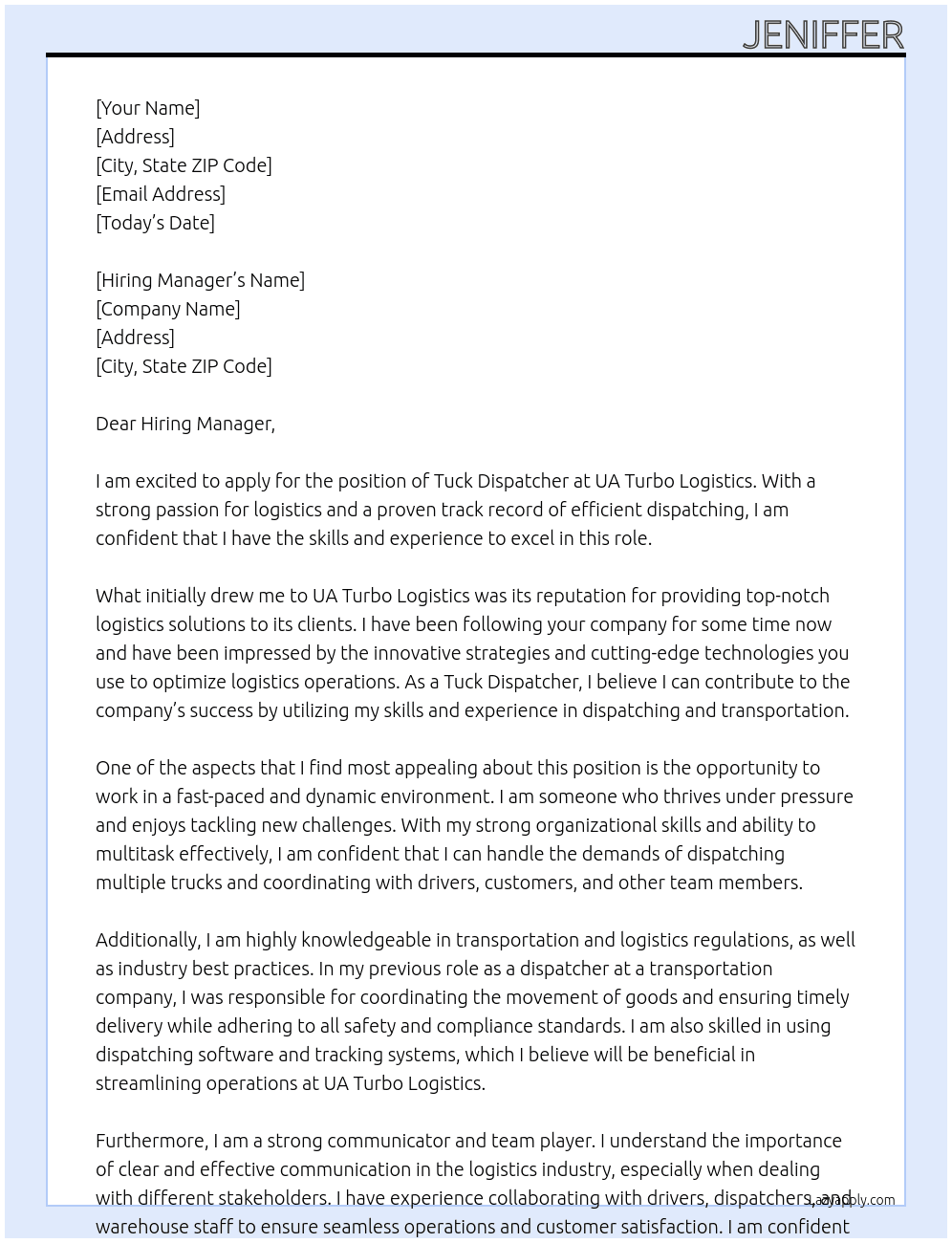Tuck Dispatcher At UA Turbo Logistics Cover Letter