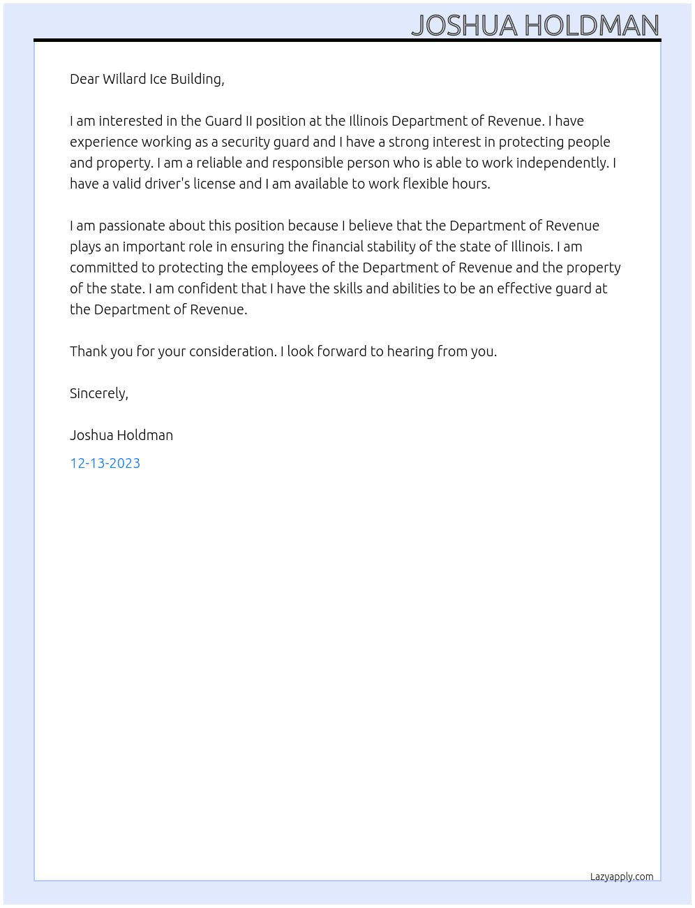 Guard II At Illinois Department of Revenue Cover Letter