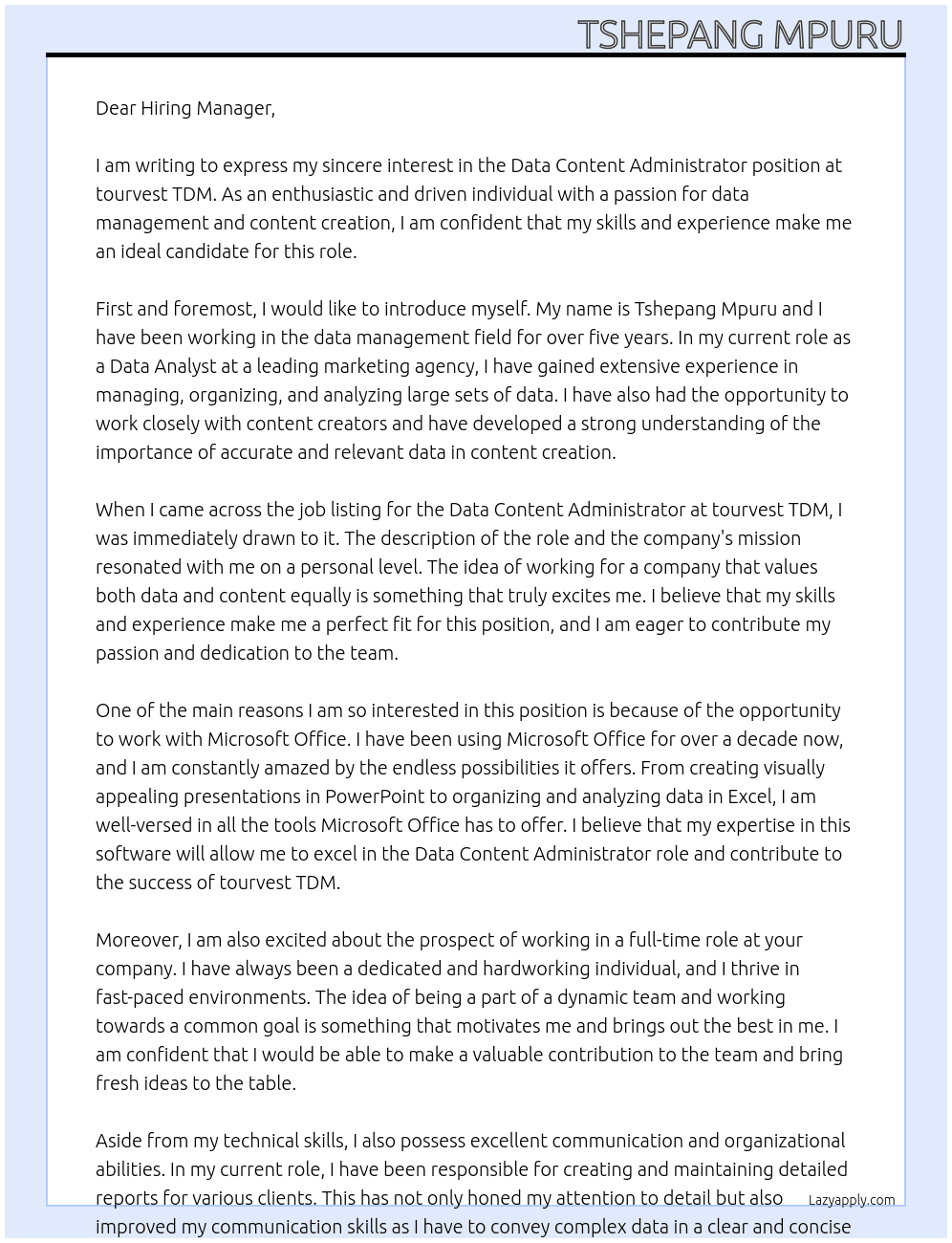 Data Content Administrator At tourvest TDM Cover Letter