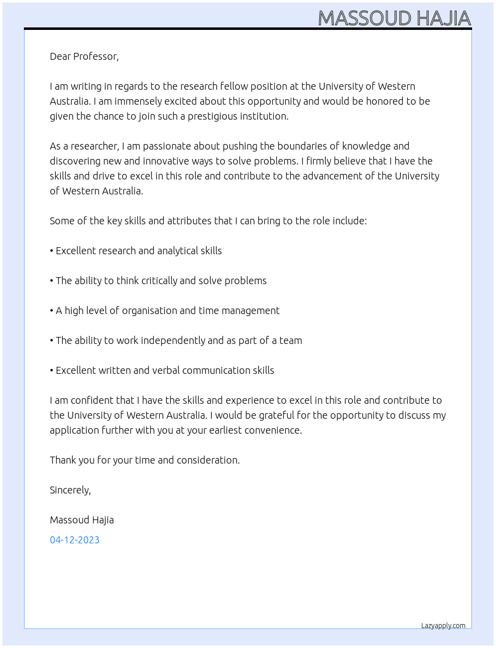 Research fellow At University of Western Australia Cover Letter