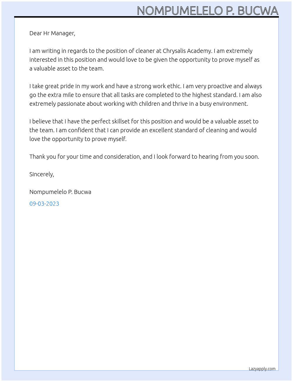 cleaner At Chrysalis Academy Cover Letter
