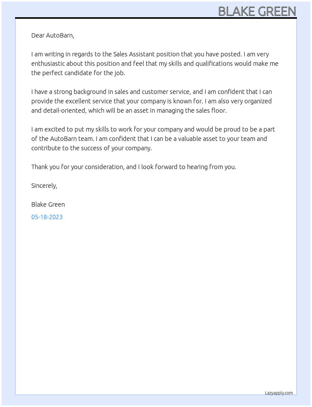 Sales Assistant At AutoBarn Cover Letter