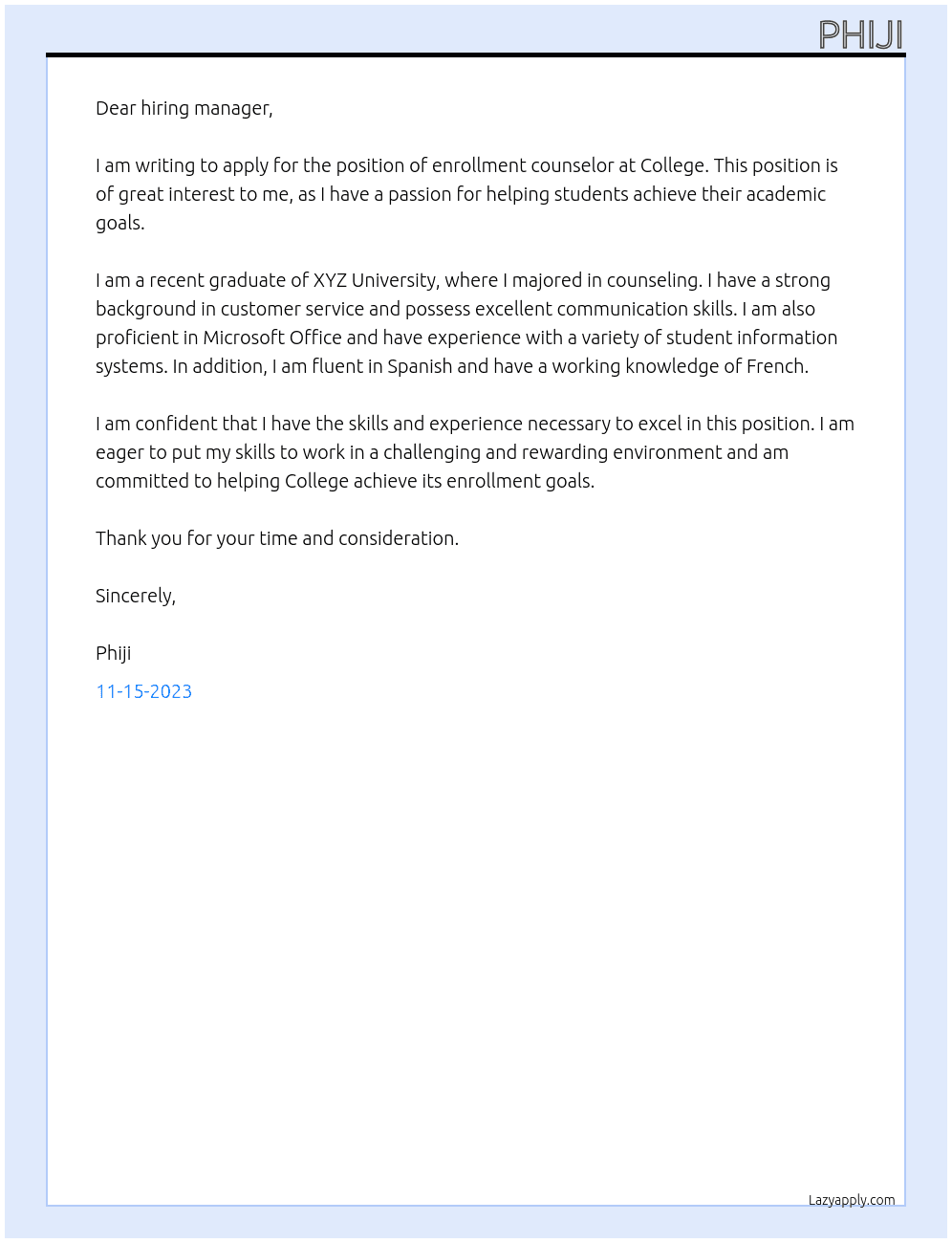 enrollment counselor At college Cover Letter