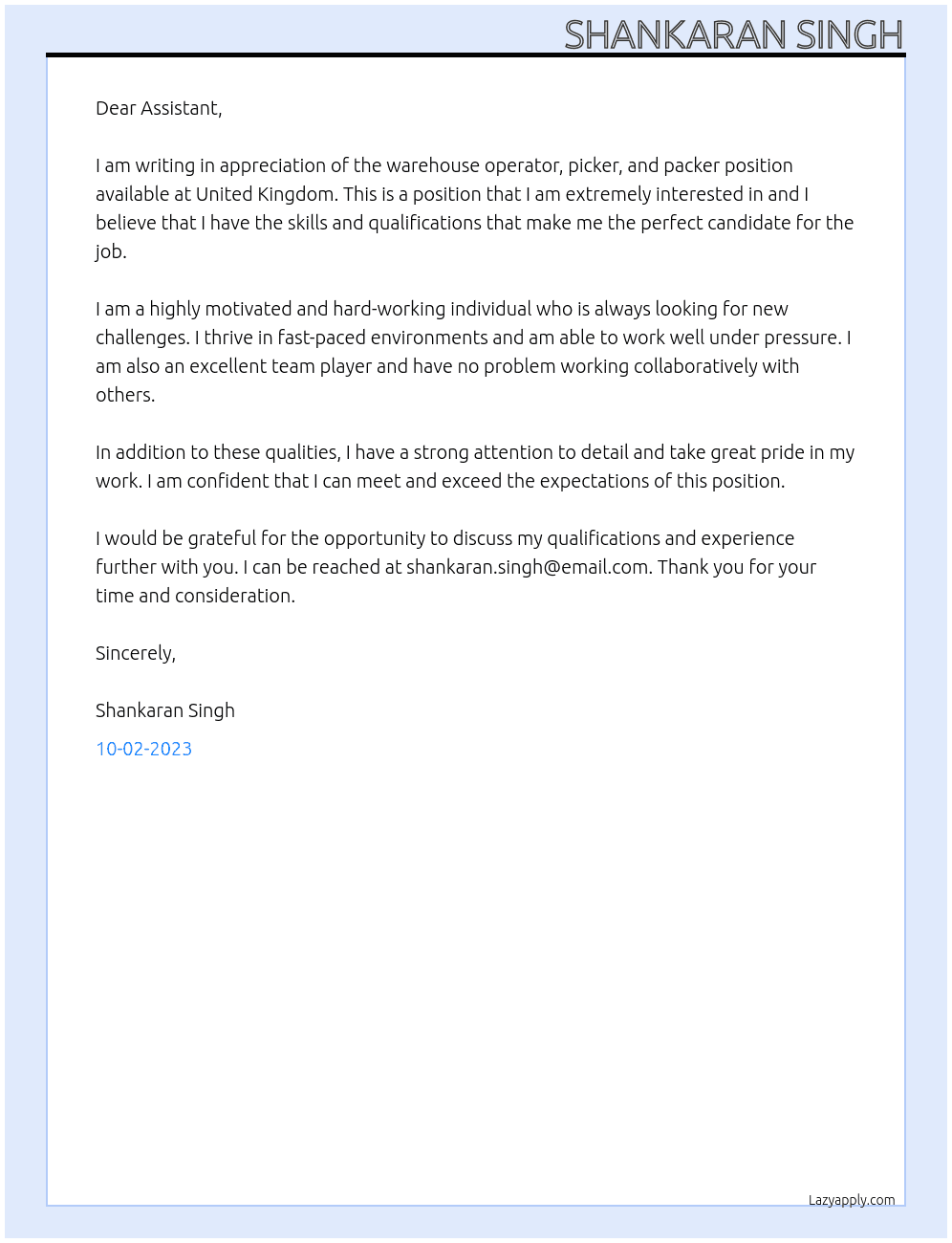 Warehouse Operator, Picker, and Packer At United Kingdom Cover Letter