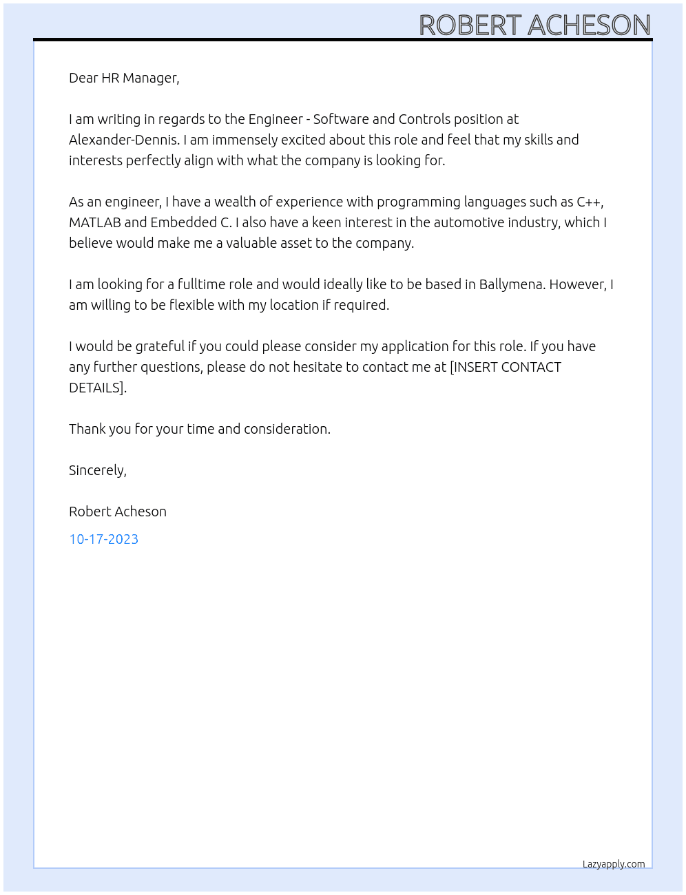 Engineer - Software and Controls At Alexander-Dennis Cover Letter
