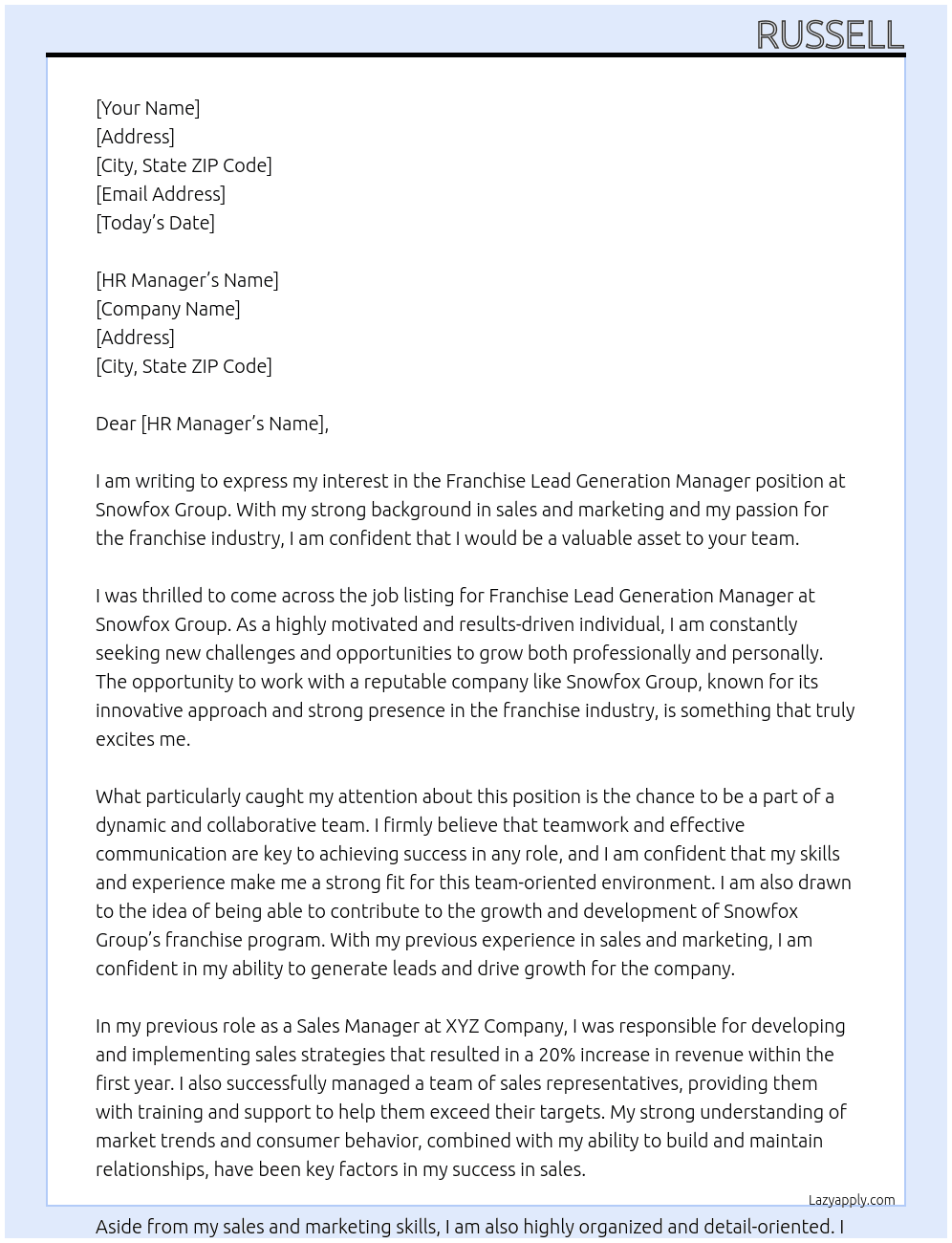 FRANCHISE LEAD GENERATION MANAGER At Snowfox group Cover Letter