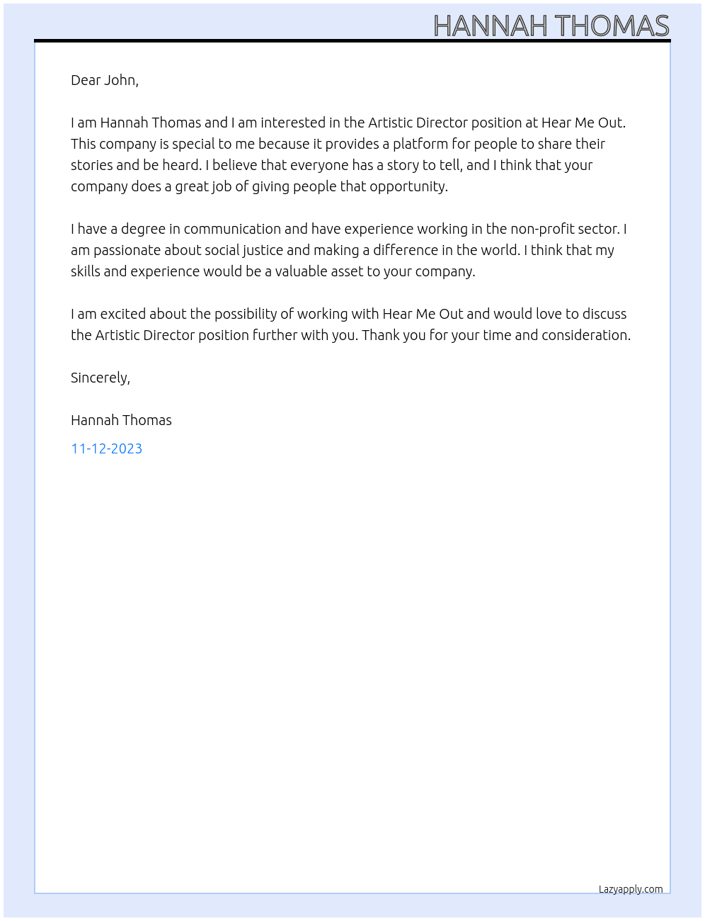 Artistic Directo At Hear Me Out Cover Letter