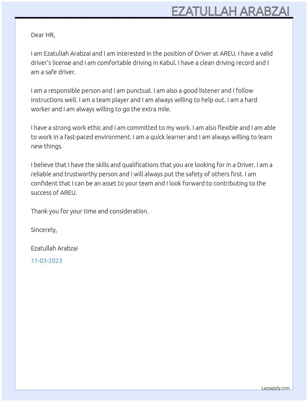 Driver At AREU Cover Letter