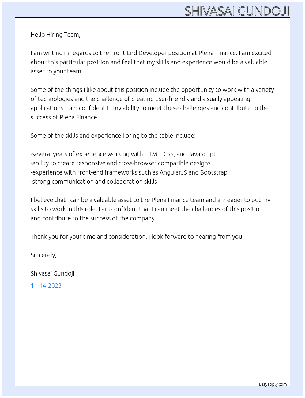 Front End Developer At Plena Finance Cover Letter