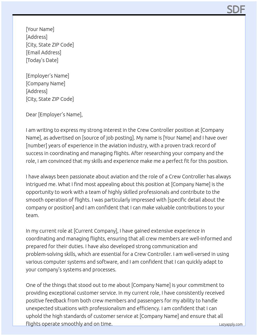 crew controller At df Cover Letter