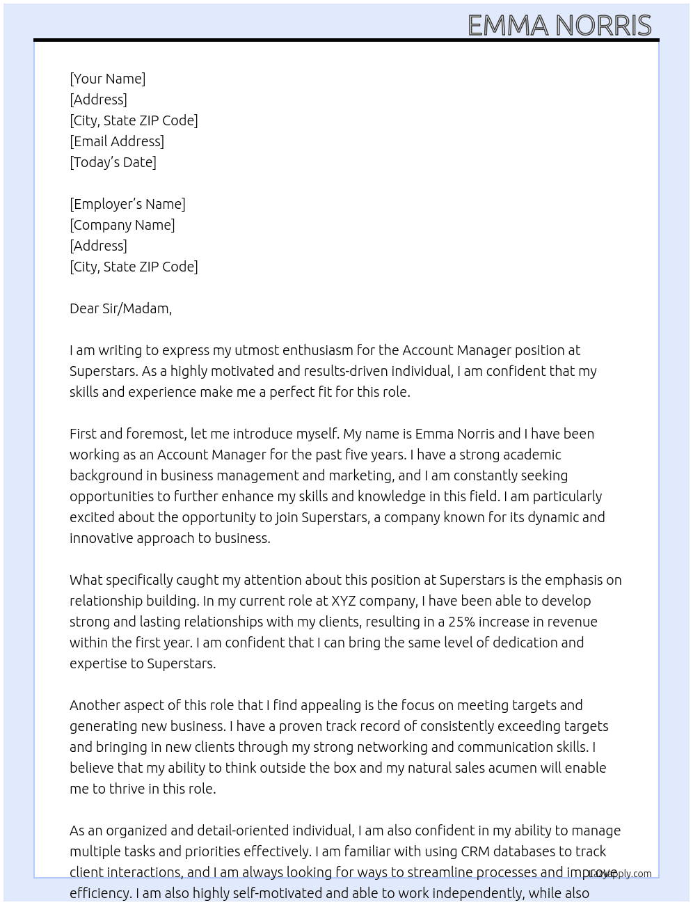 Account manager  At Superstars  Cover Letter