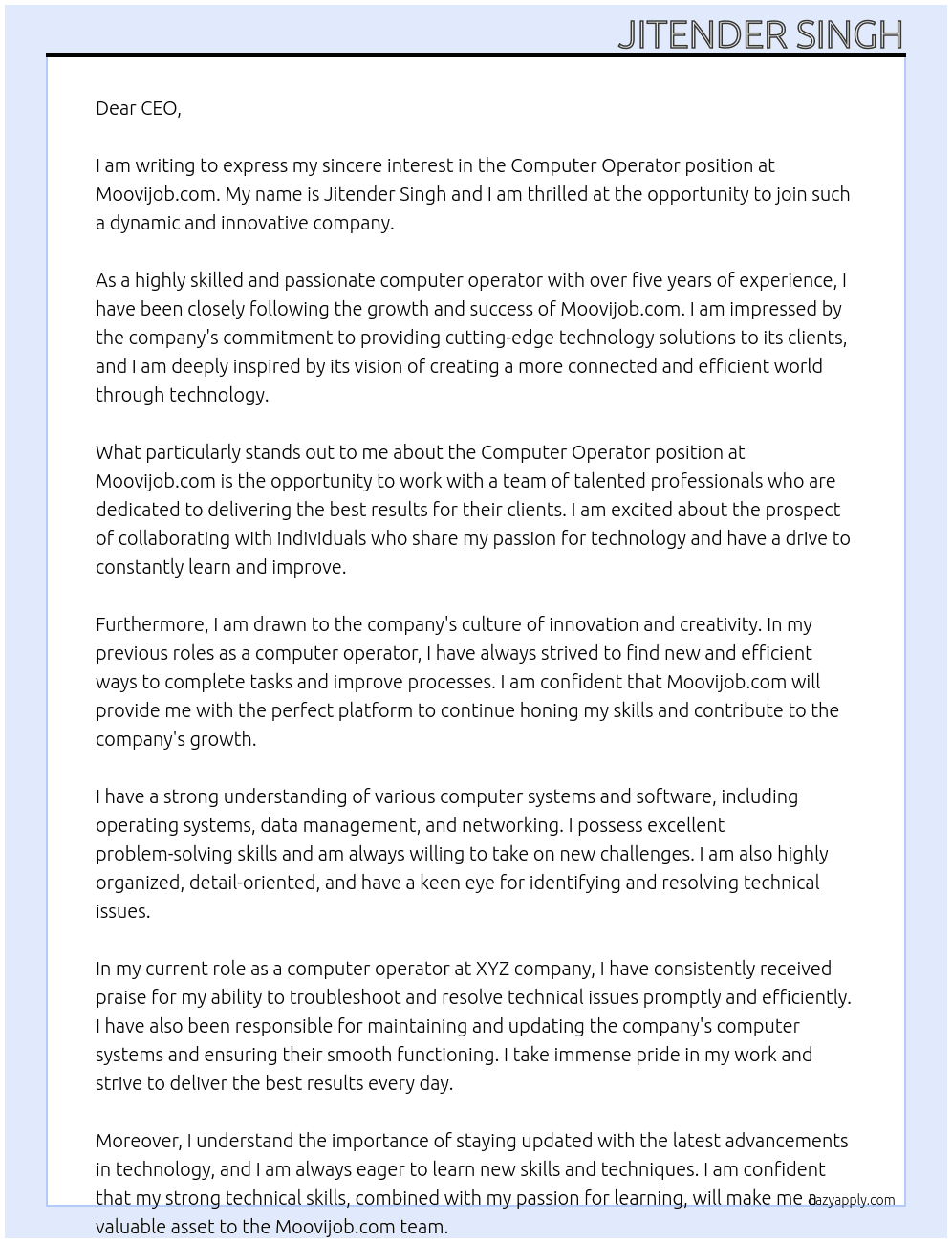 Computer Operator At Moovijob.com Cover Letter