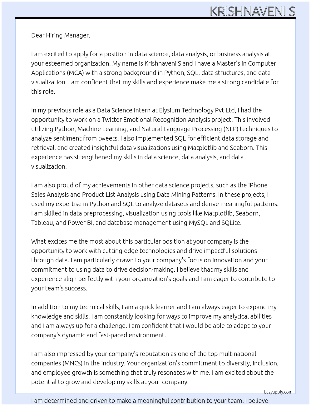 Cover letter for data science,data analysis,business analysis - LazyApply