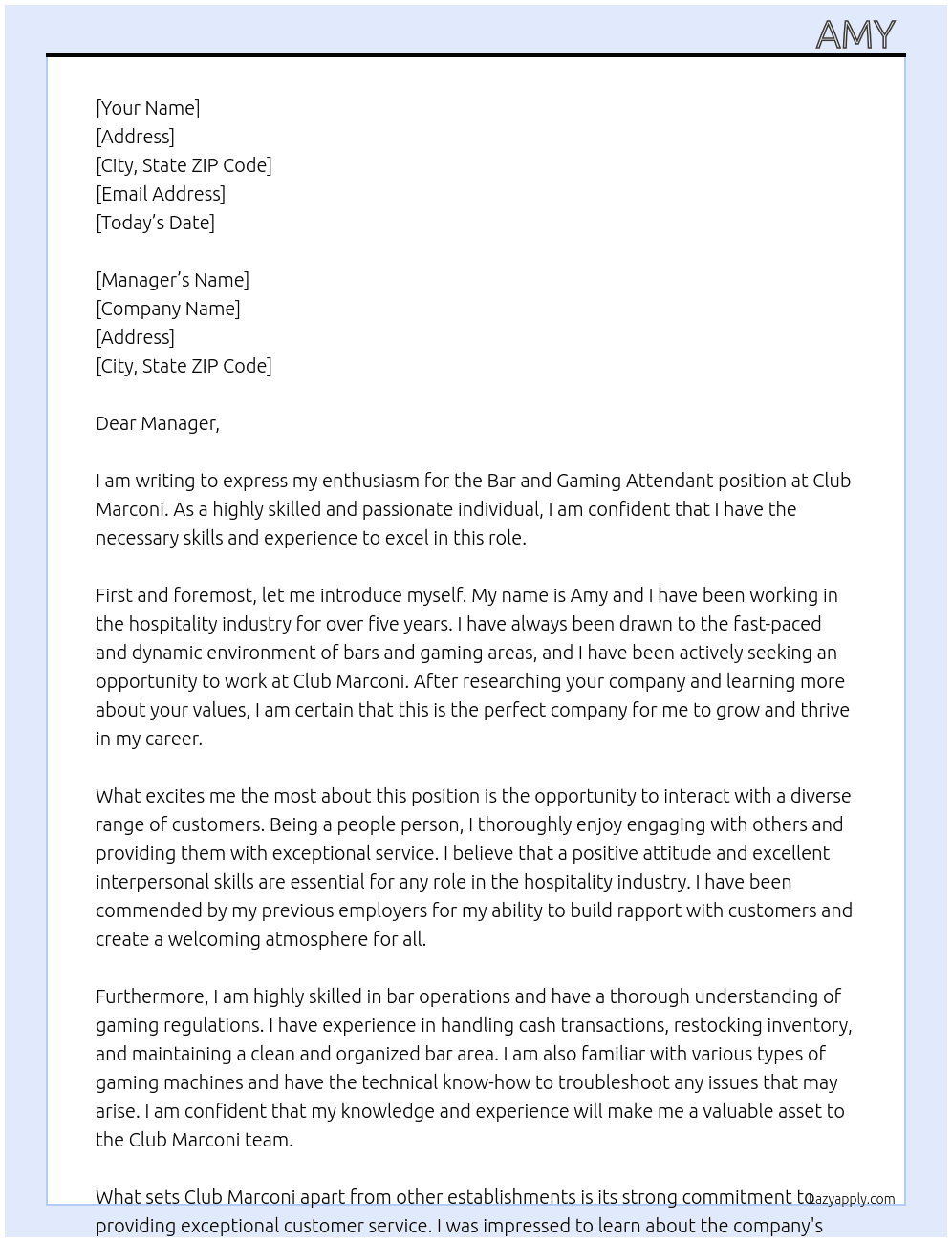 Bar and gaming attendent  At Club Marconi Cover Letter