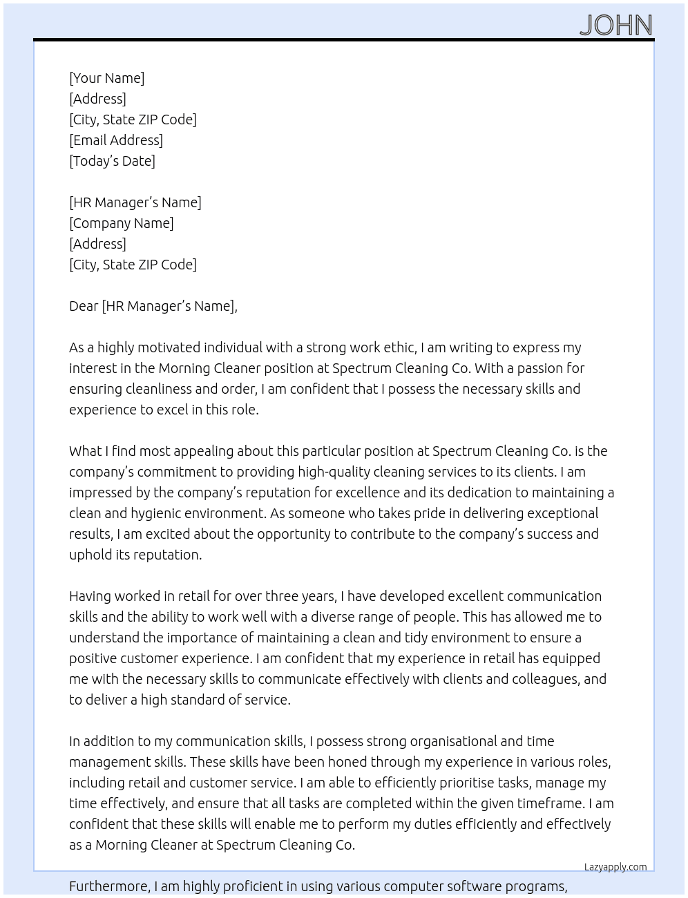 Morning Cleaner At Spectrum Cleaning Co Cover Letter
