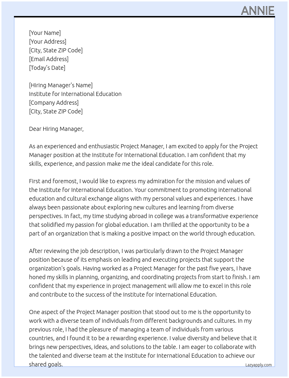 Project Manager At Institute for International Education Cover Letter