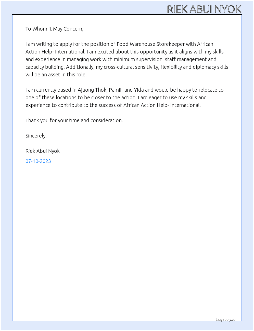 Food warehouse storekeeper At African Action Help- International  Cover Letter