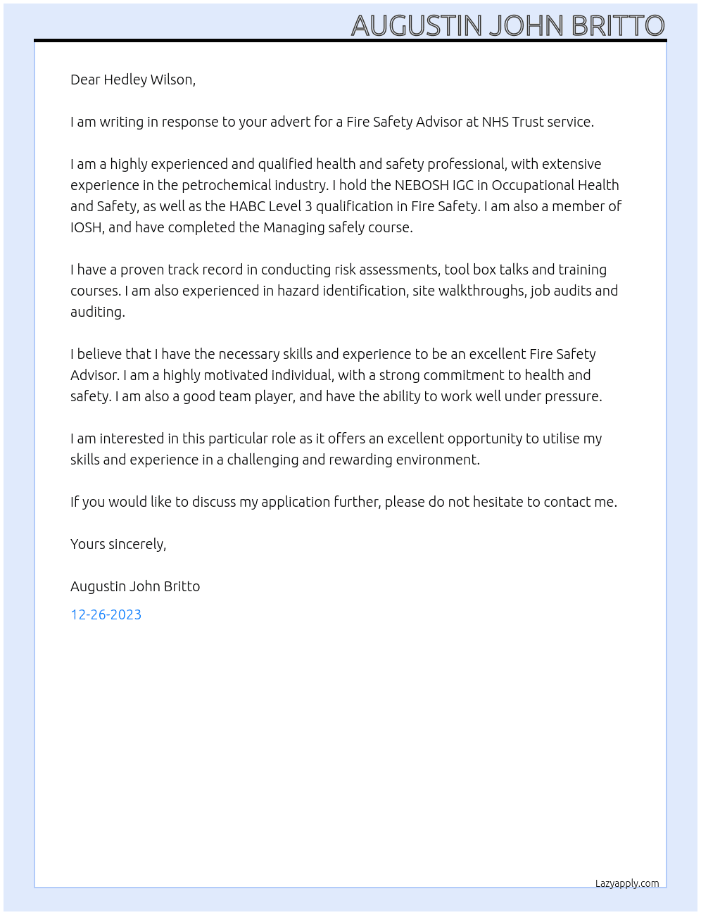 Fire Safety Advisor At NHS Trust service Cover Letter