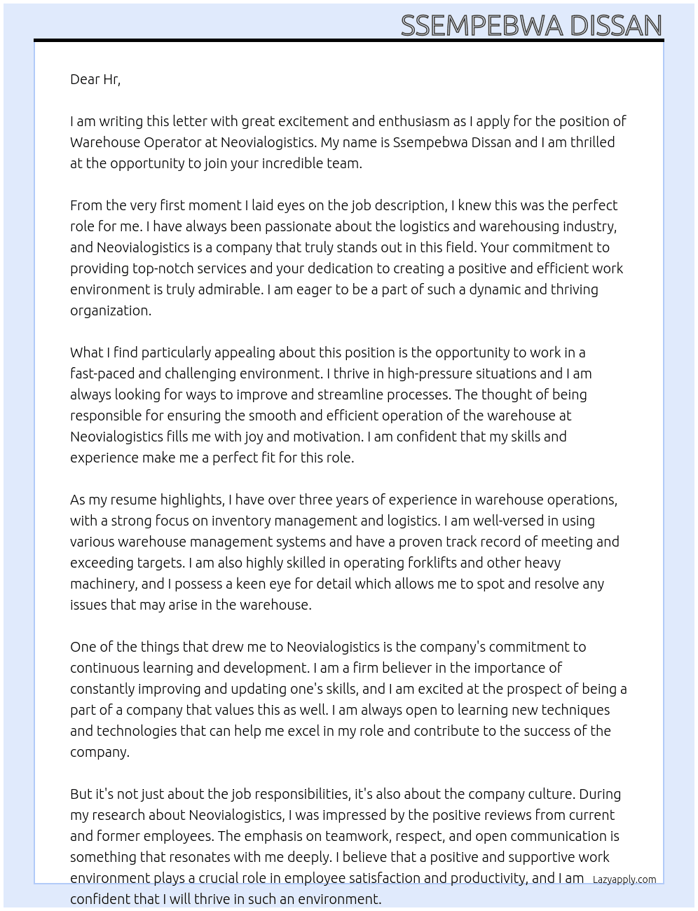 Warehouse operator At Neovialogistics Cover Letter