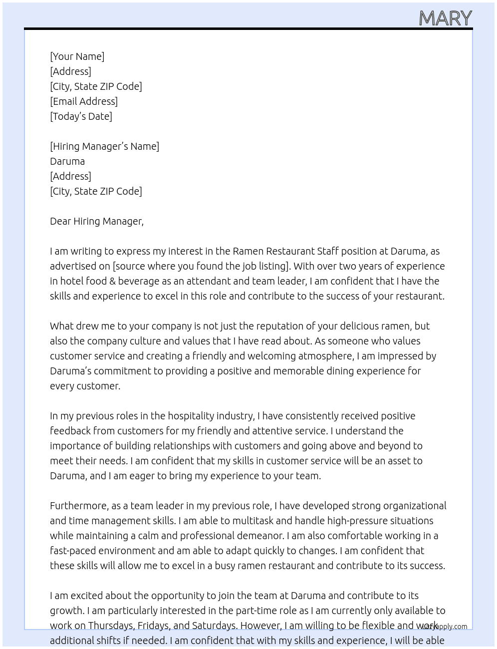 ramen restaurant staff At Daruma Cover Letter