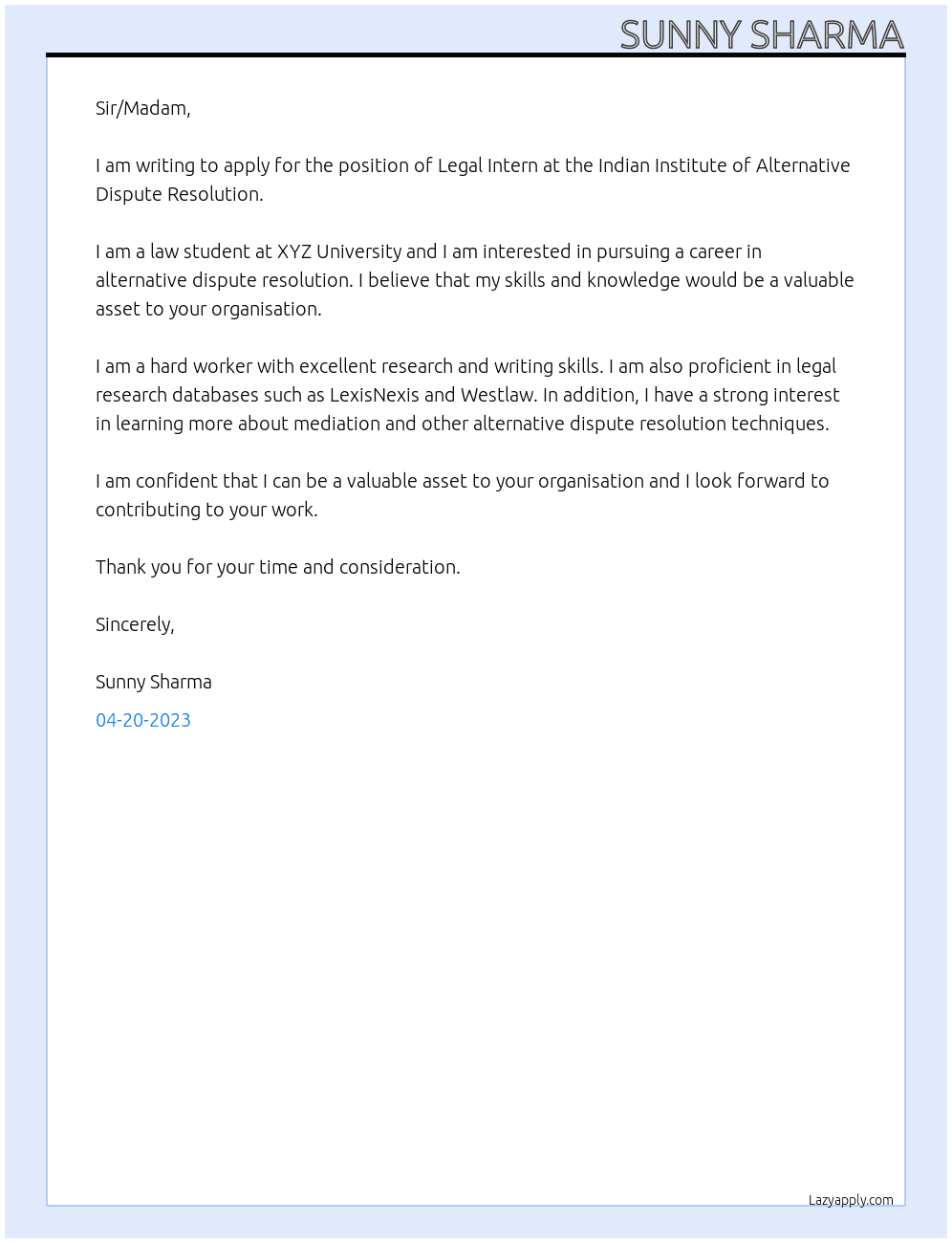Legal Intern At Indian Institute of Alternative Dispute Resolution  Cover Letter
