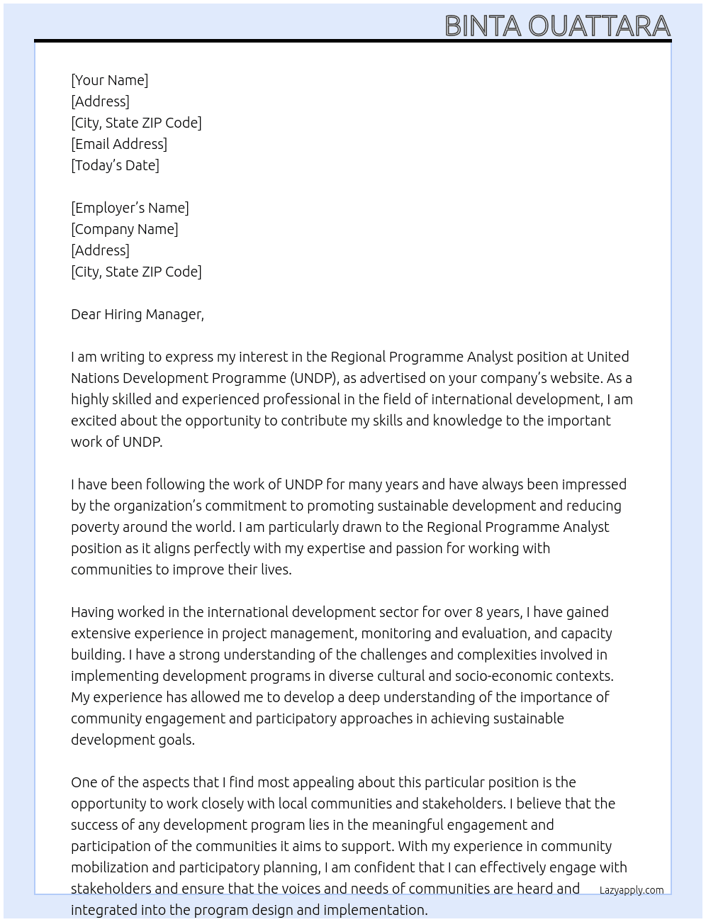 Regional Programme Analyst At United Nations  Development Programme Cover Letter