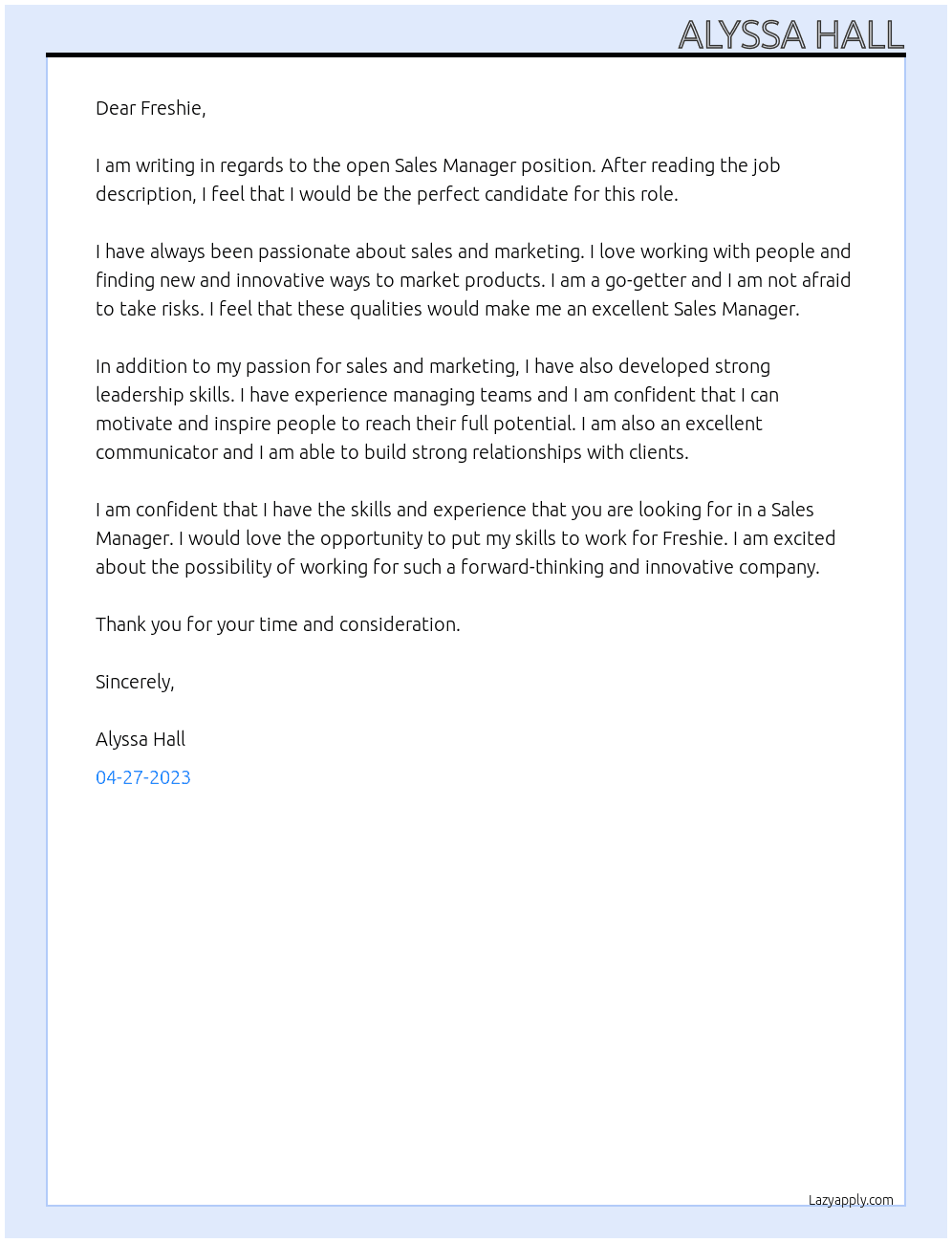 Sales manager At Freshie Cover Letter