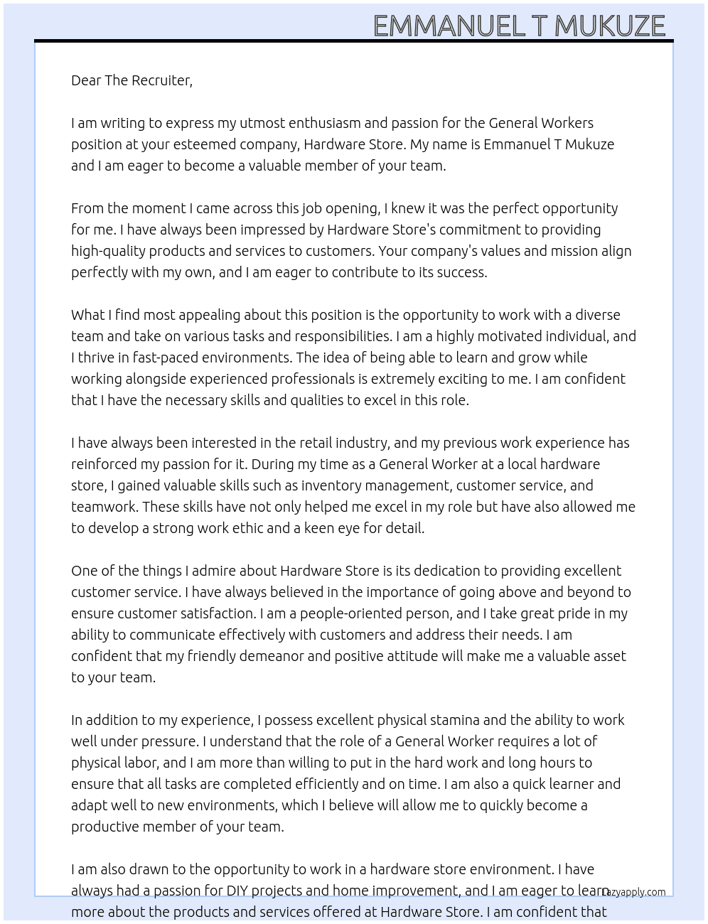 General workers At Hardware store  Cover Letter