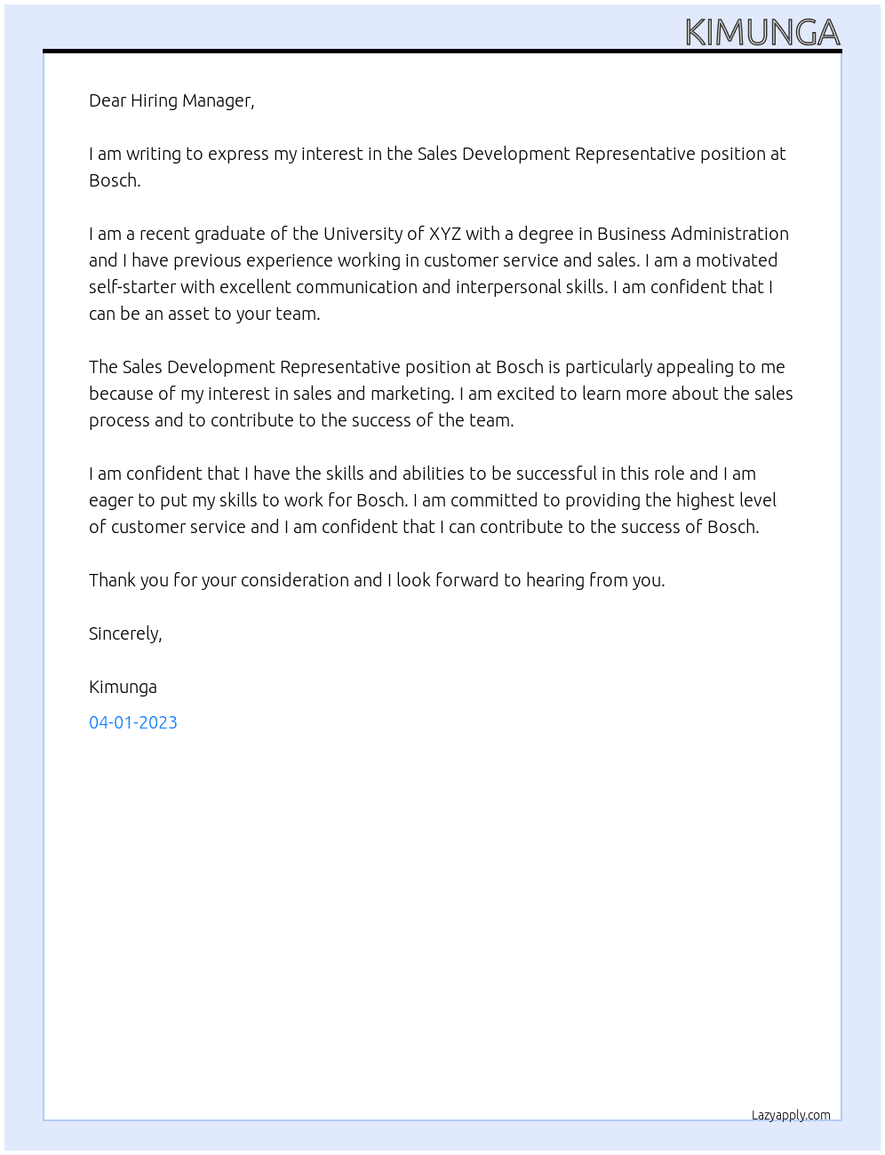 Sales Development Representative At Bosch Cover Letter