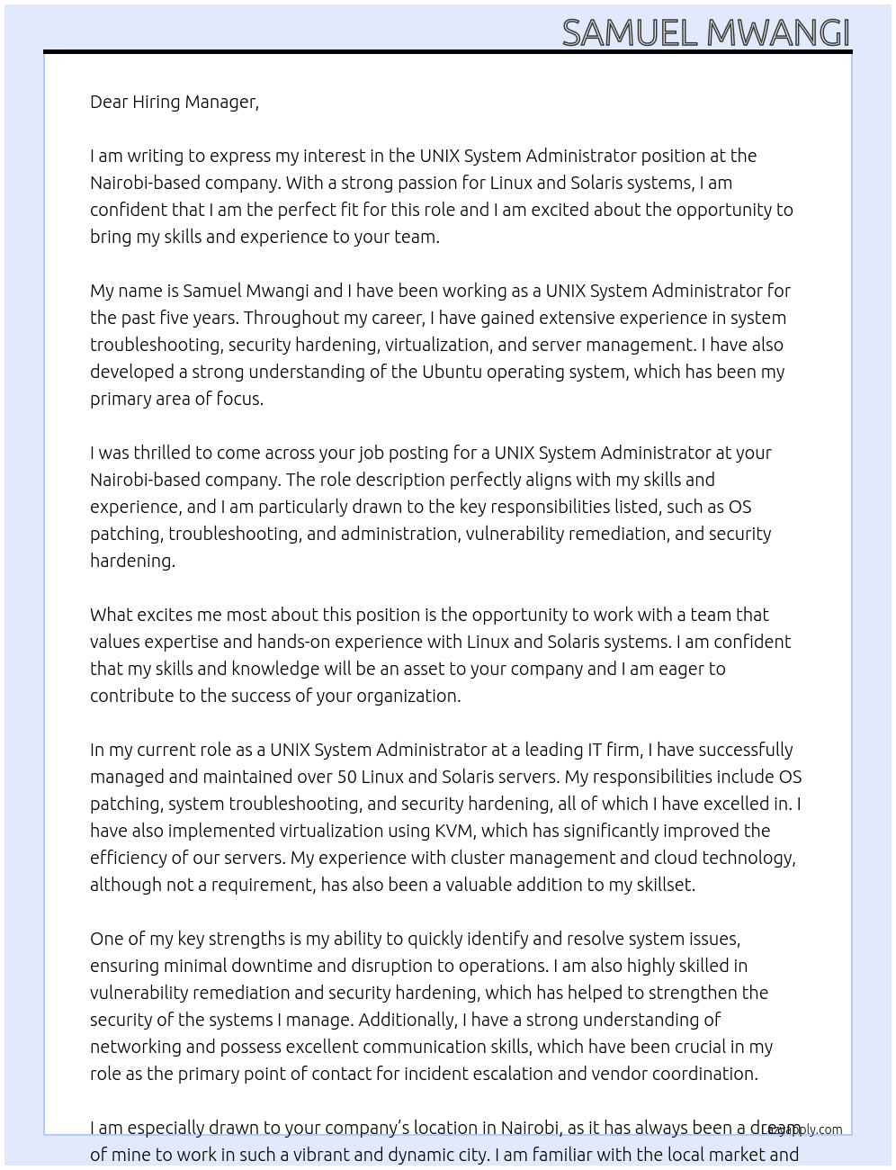 UNIX System Administrator  At nairobi based Cover Letter