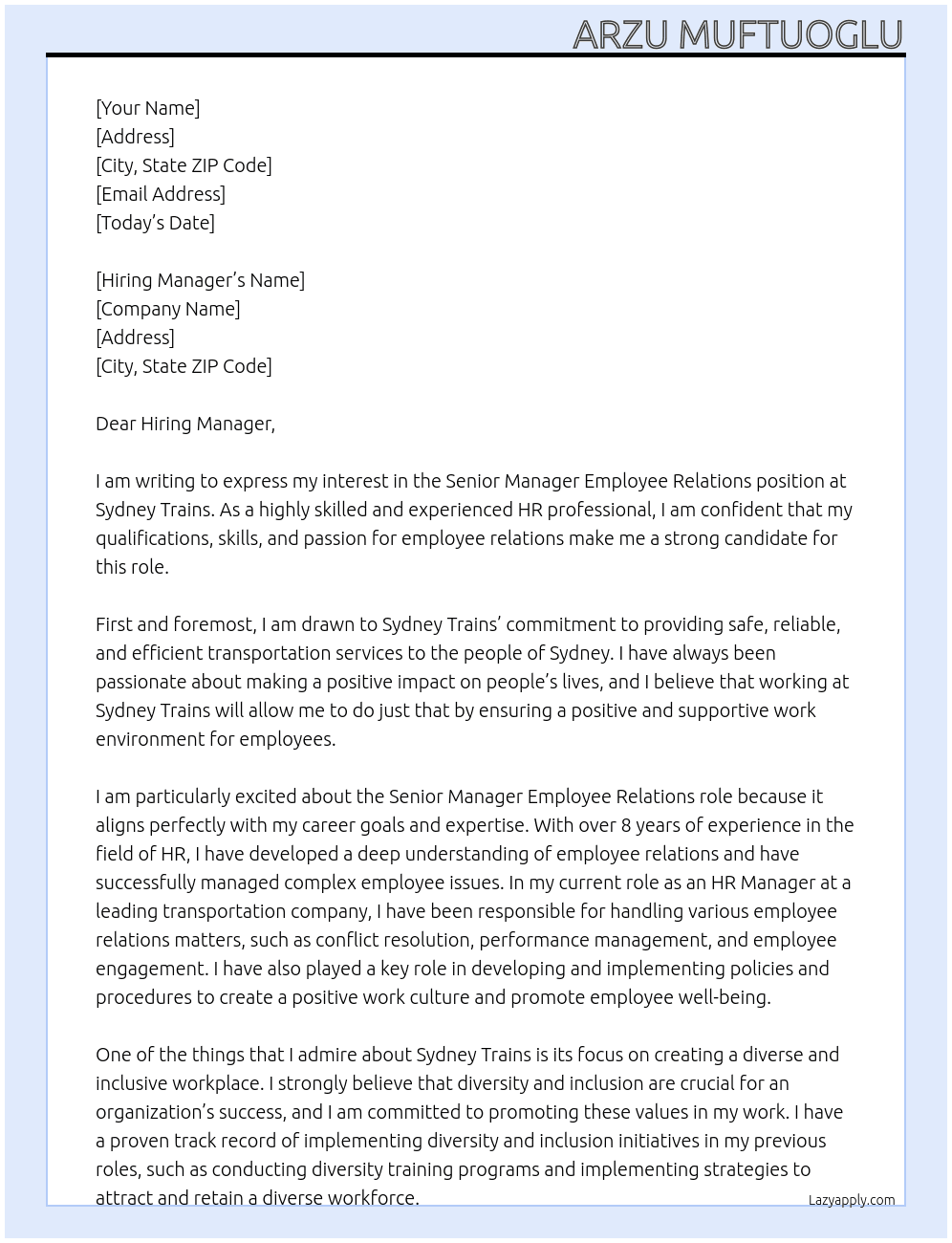 Senior Manager Employee Relations At Sydney Trains Cover Letter