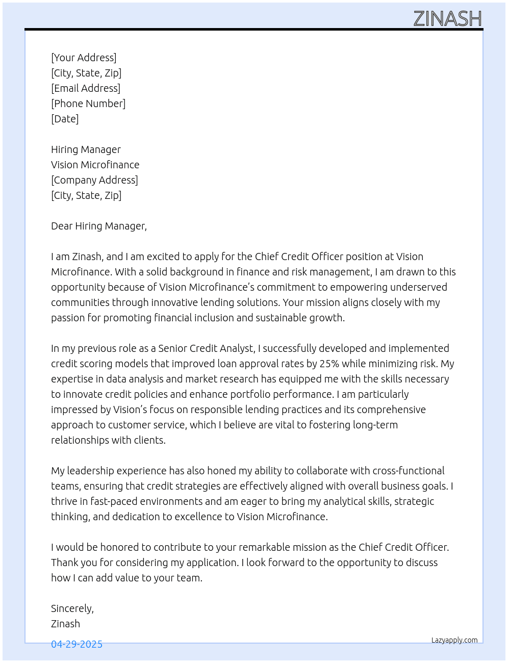 Cheif credit officer At Vision microfinance Cover Letter