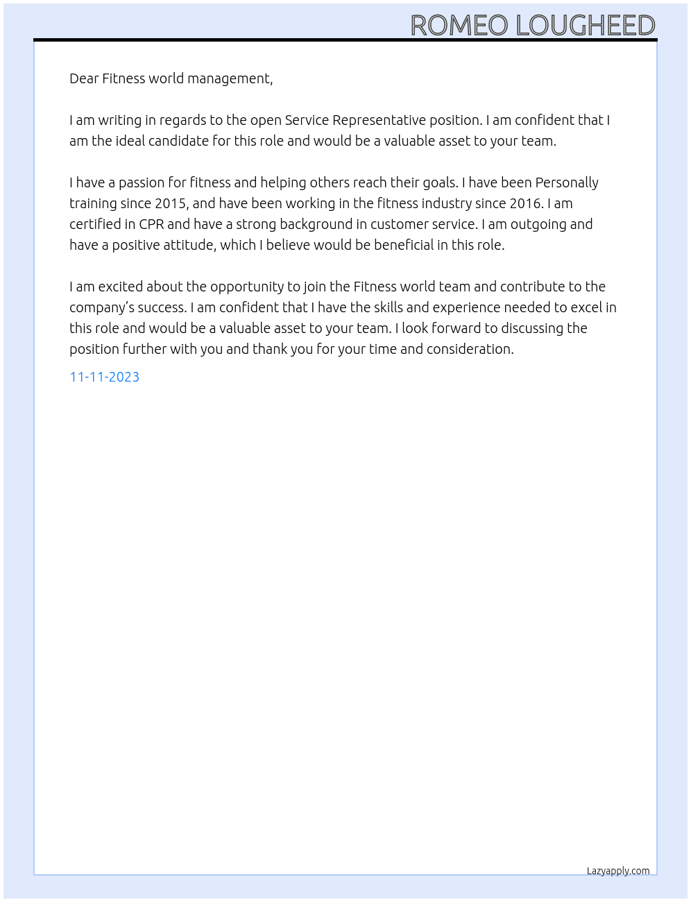 Service Representative At Fitness world Cover Letter