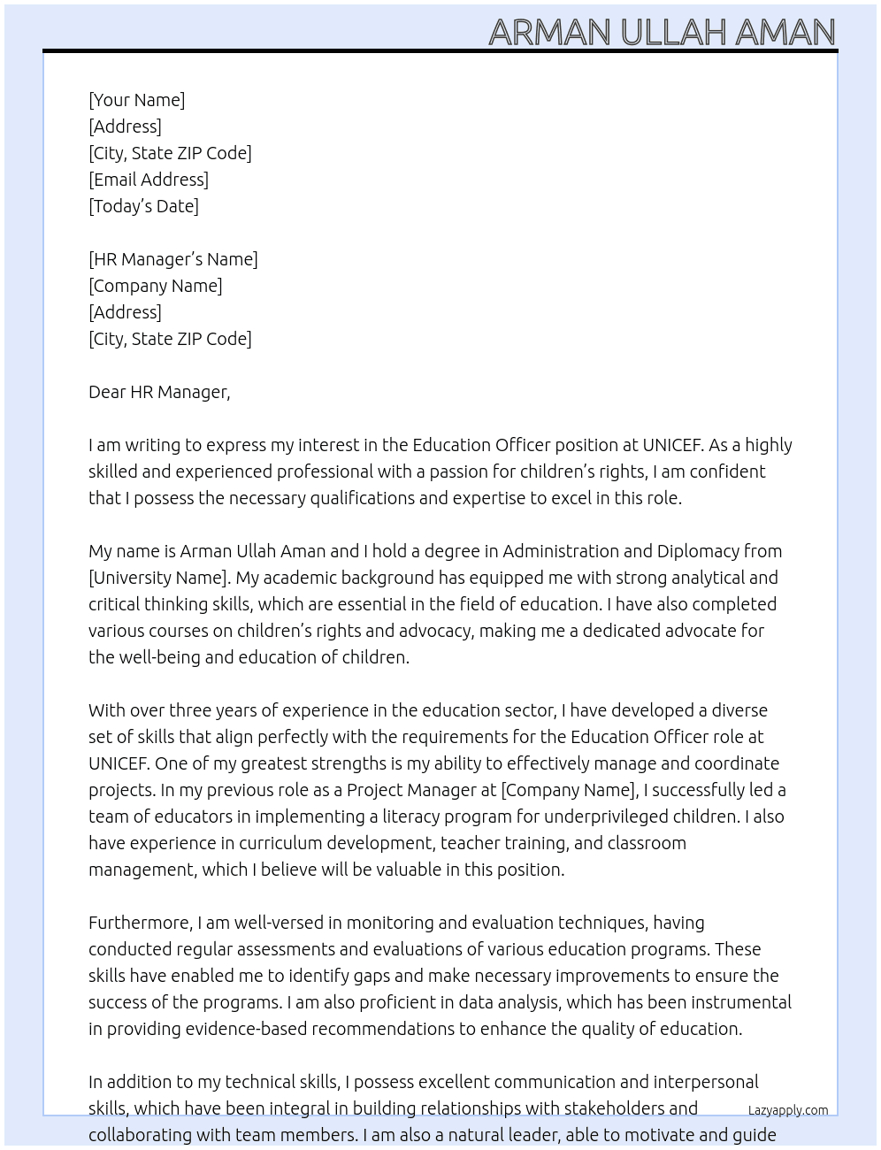 Education Officer At UNICEF  Cover Letter