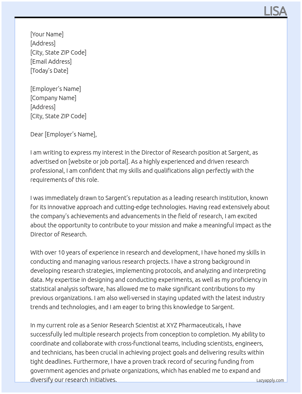 Director of Research At Sargent Cover Letter