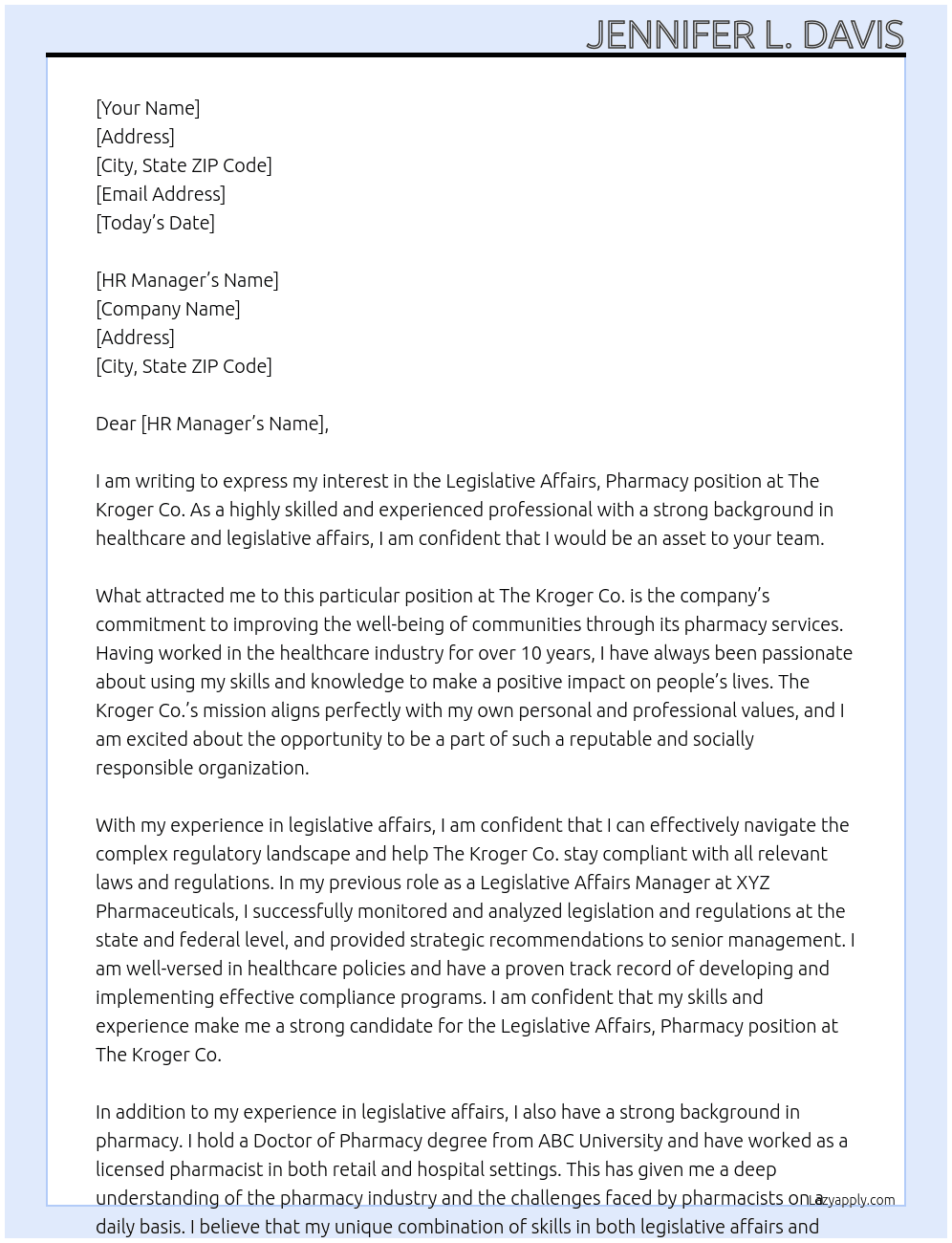 Legislative Affairs, Pharmacy At The Kroger Co. Cover Letter