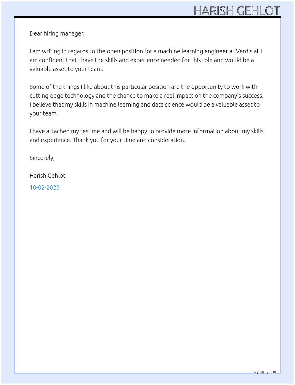 Machine Learning Engineer At verdis.ai Cover Letter