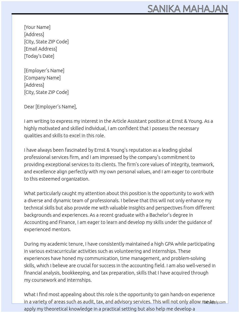 Article Assistant At Ernst & Young Cover Letter
