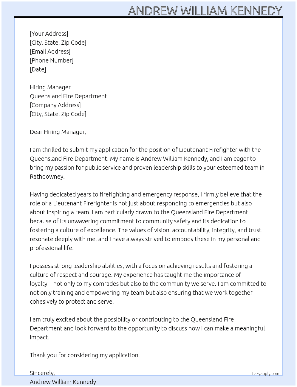 lieutenant firefighter  At Queensland Fire Department Cover Letter