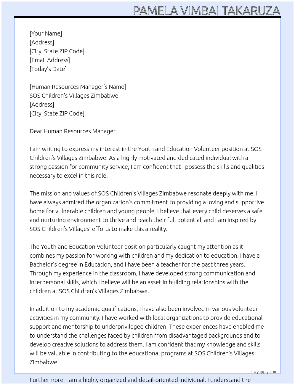 Youth and Education Volunteer At SOS Children's Villages Zimbabwe Cover Letter