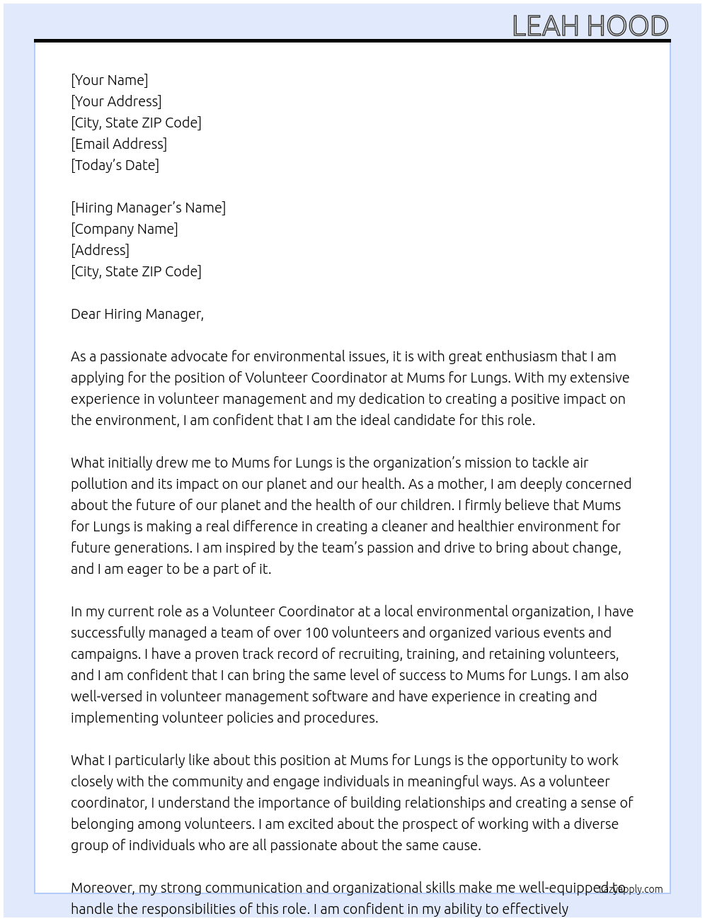 Volunteer Coordinator At Mums for Lungs Cover Letter