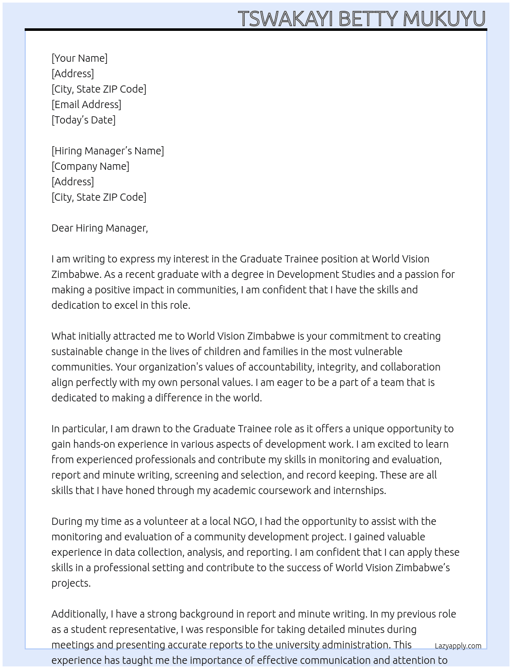 GRADUATE TRAINEE At WORLD VISION ZIMBABWE Cover Letter