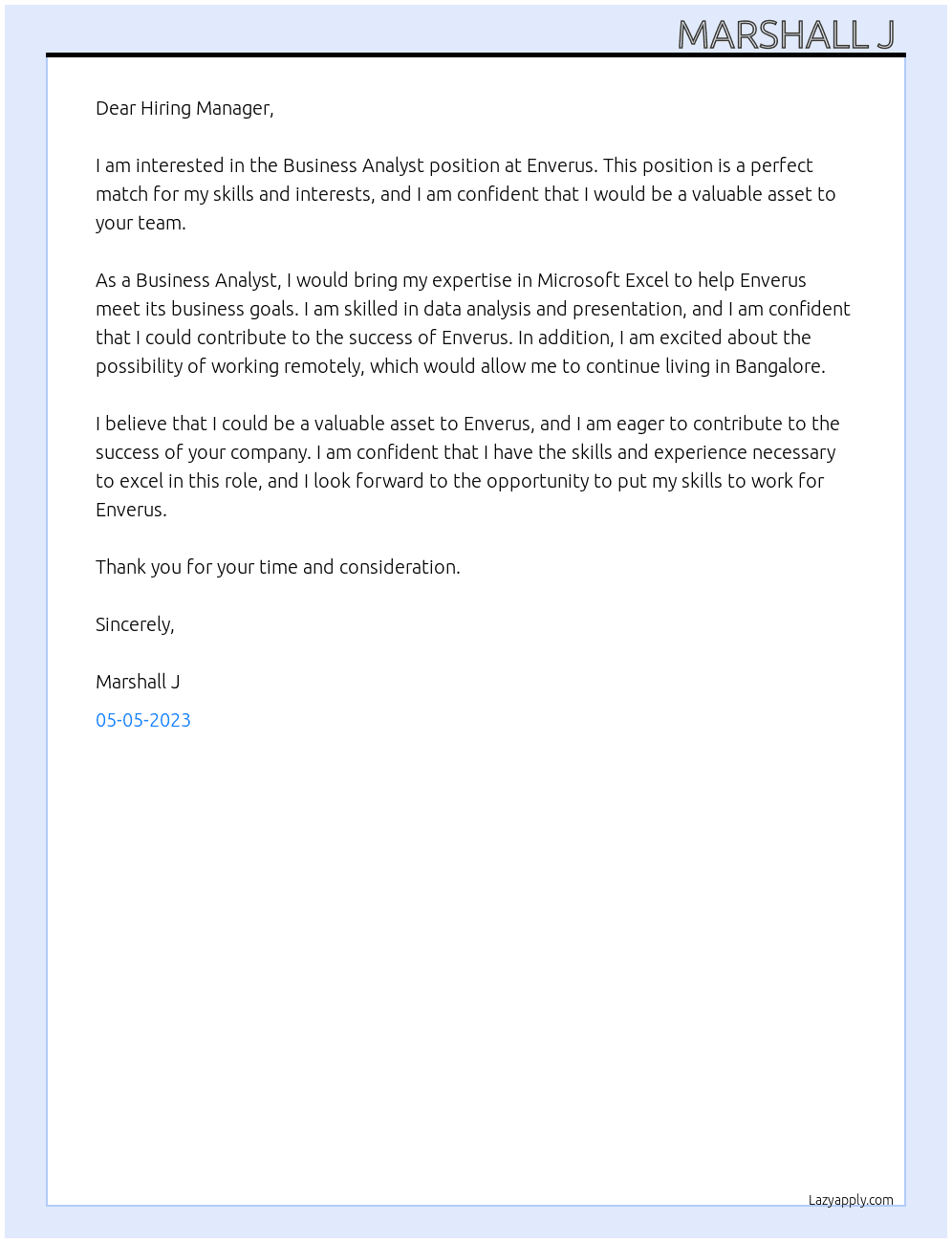 Business analyst  At Enverus Cover Letter