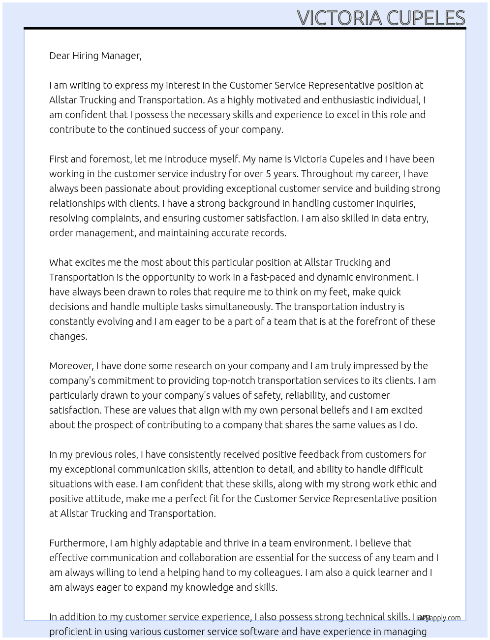 Customer service representative At Allstar Trucking and Transportation  Cover Letter