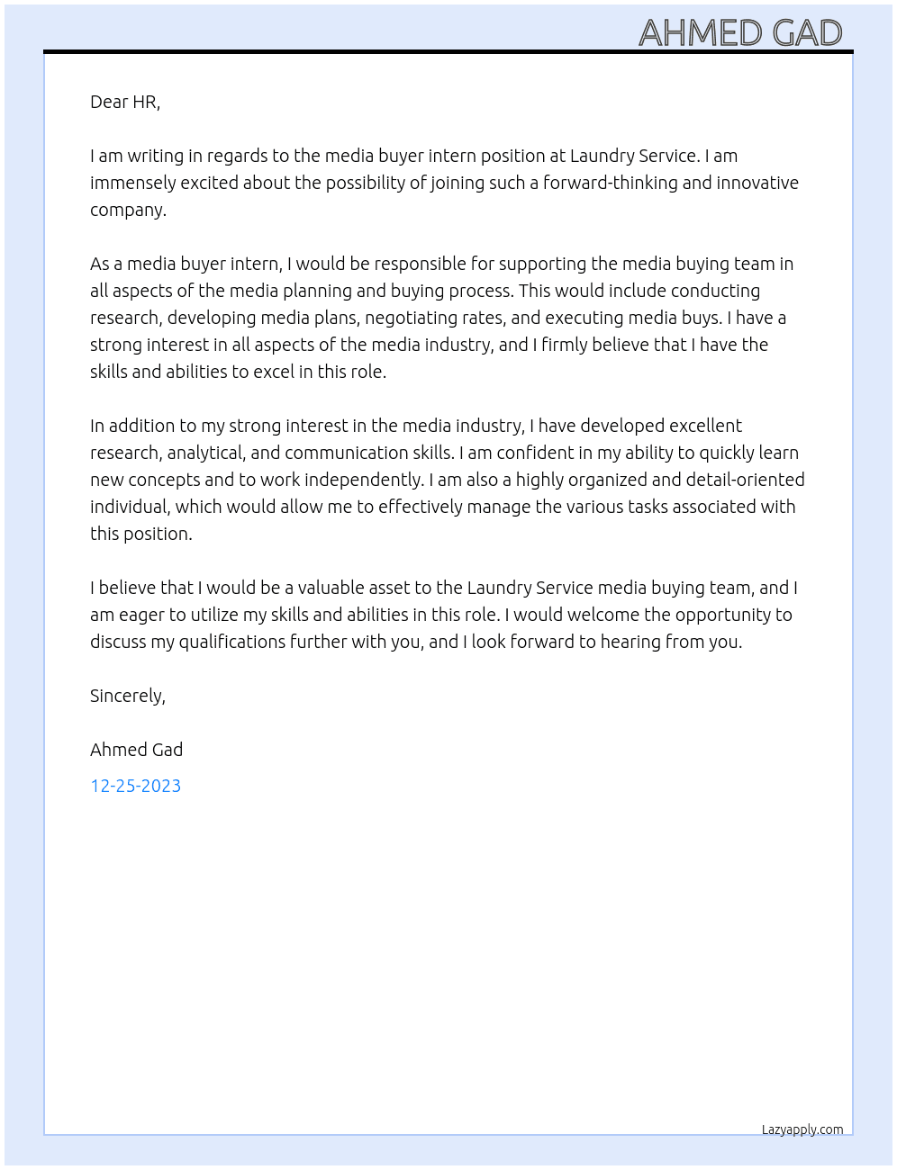 Media buyer intern At Laundry Service Cover Letter