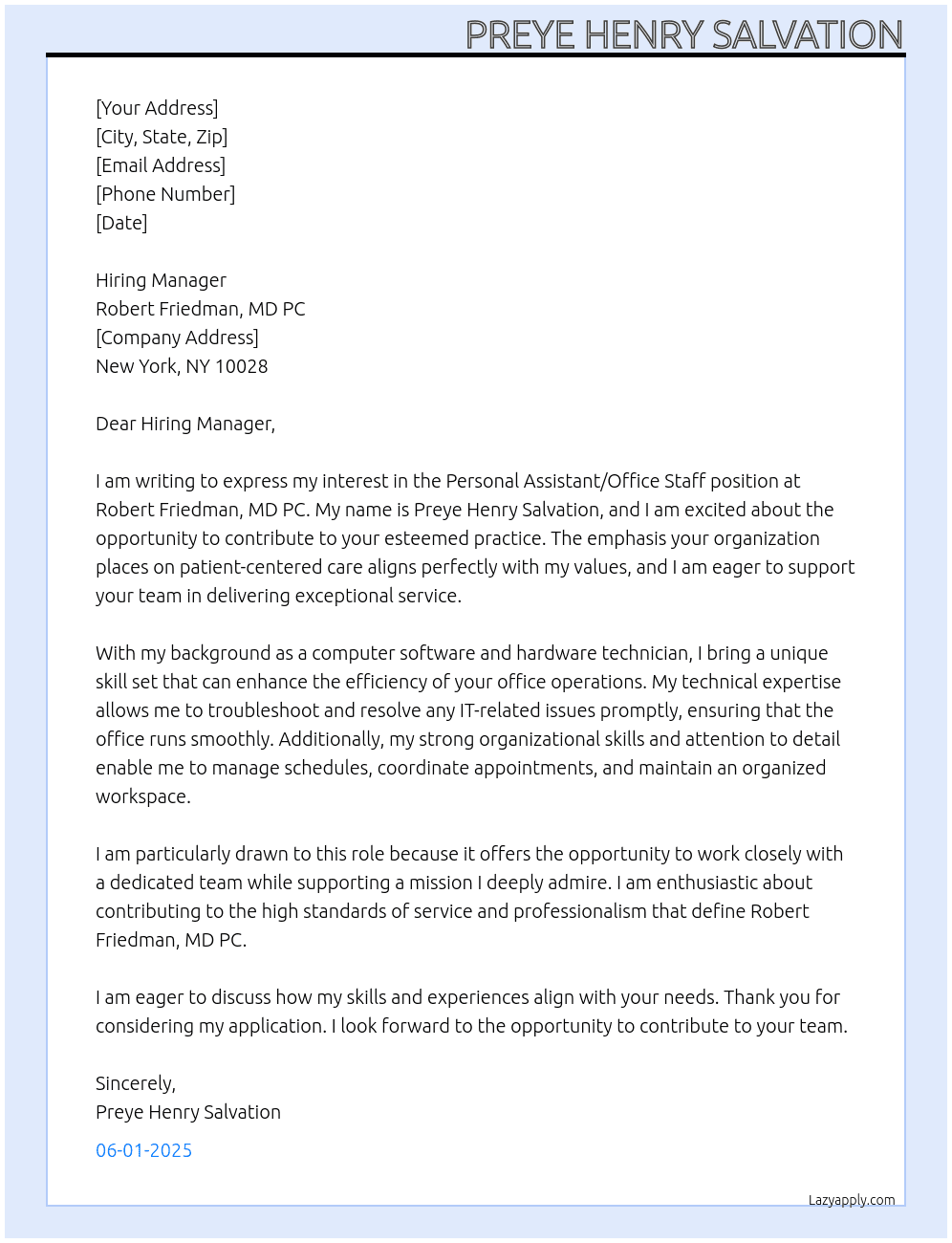 Cover letter for personal assistant / office staff - LazyApply