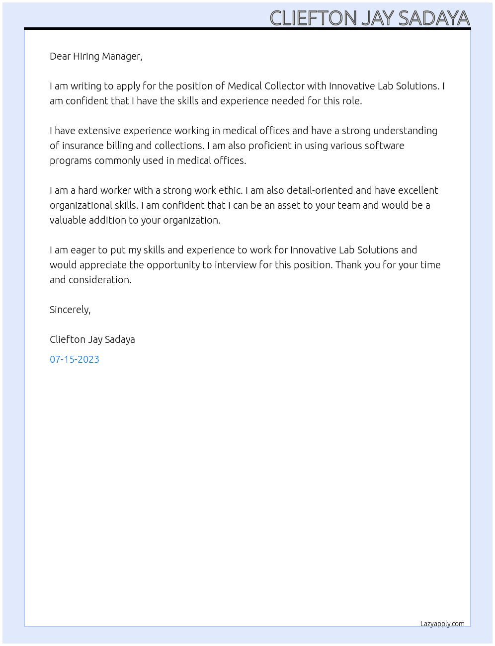 Medical Collector At Innovative Lab Solutions Cover Letter